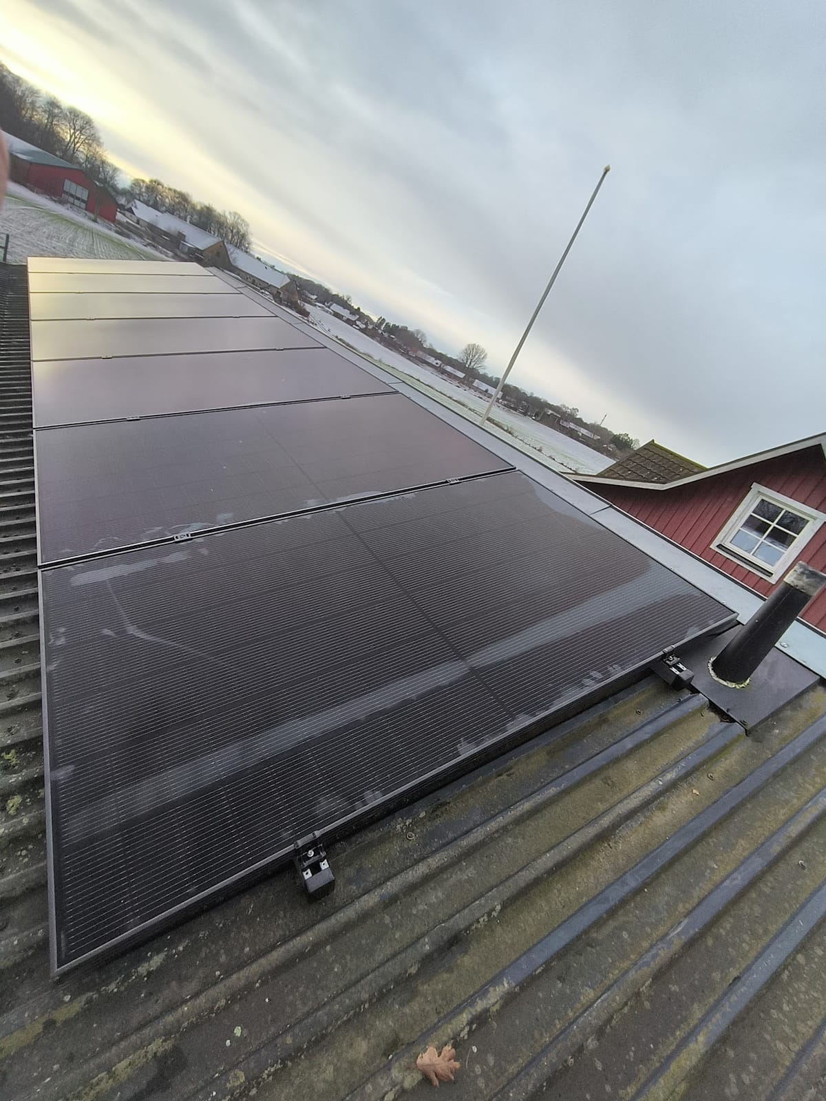 Svarta Longi-solpaneler direktmonterade på plåttak i Äsperöd